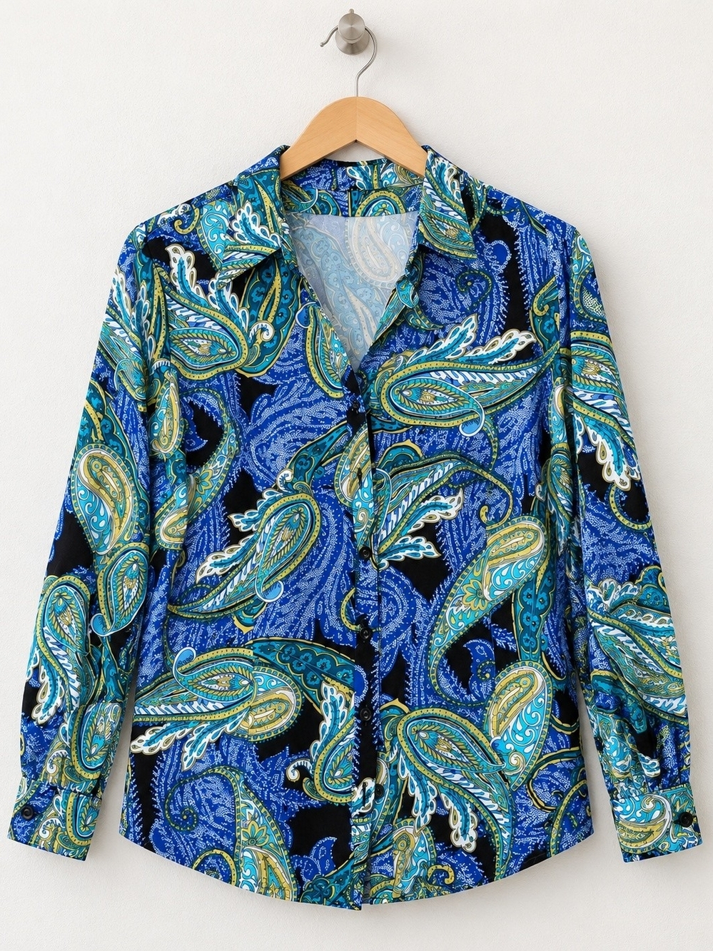Blue Paisley Button-Up Blouse - Women's Long Sleeve